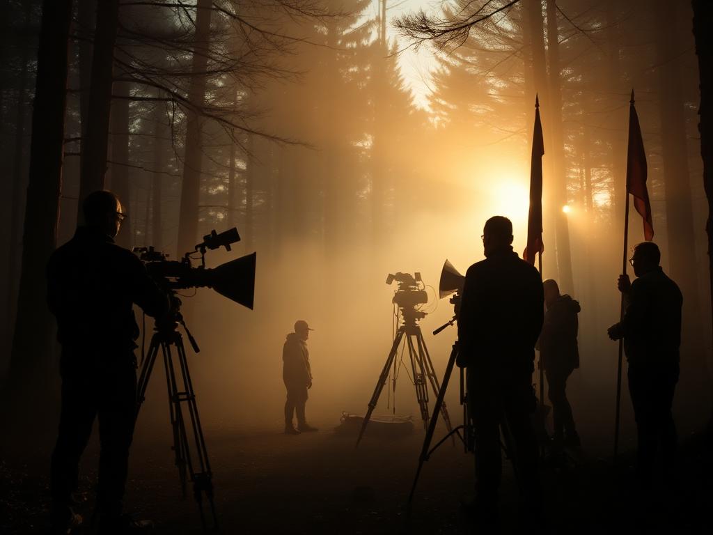 Film crew setting lights in a misty forest at dawn