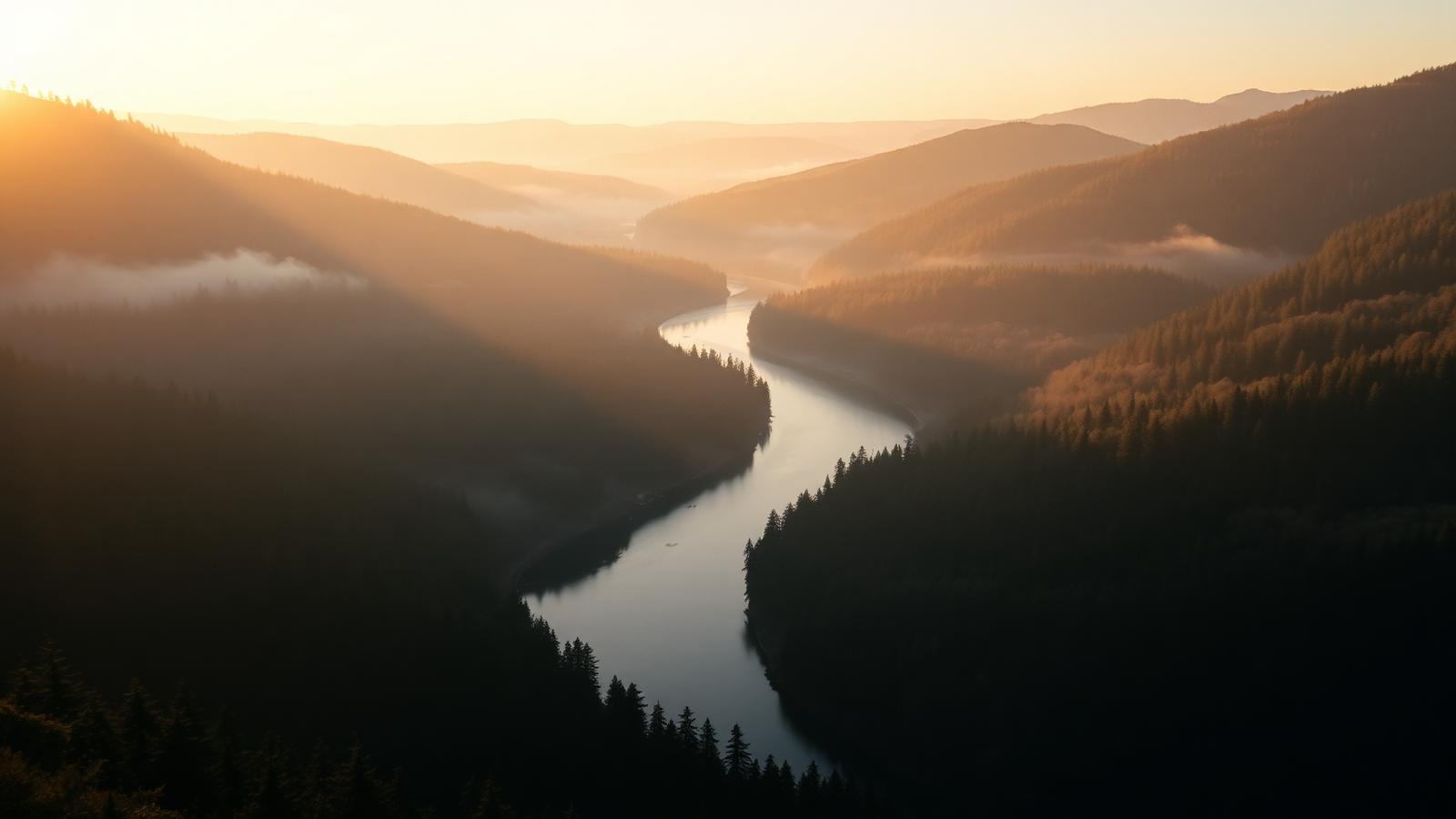 Cinematic sunrise over a river winding through a forested valley